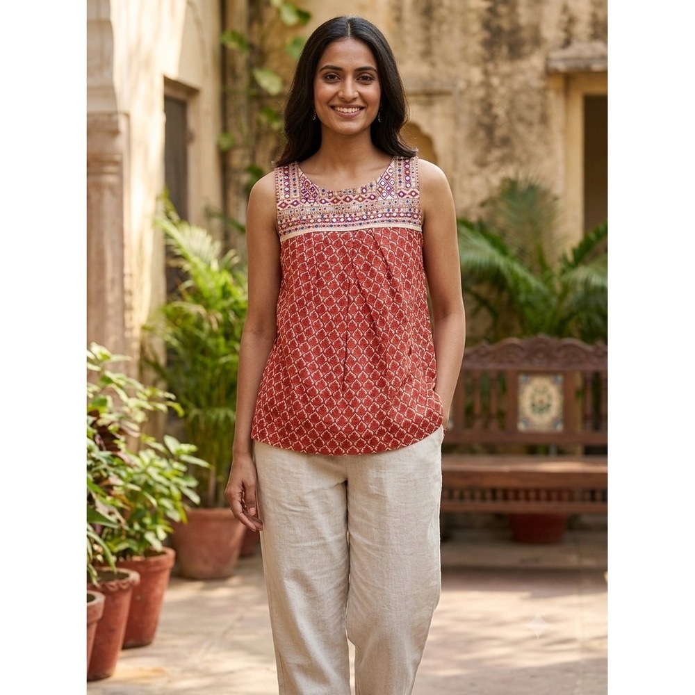 Anthropologie AKEMI + KIN Small Rust Tank Top Embroidered Boho‎ Swing Festival